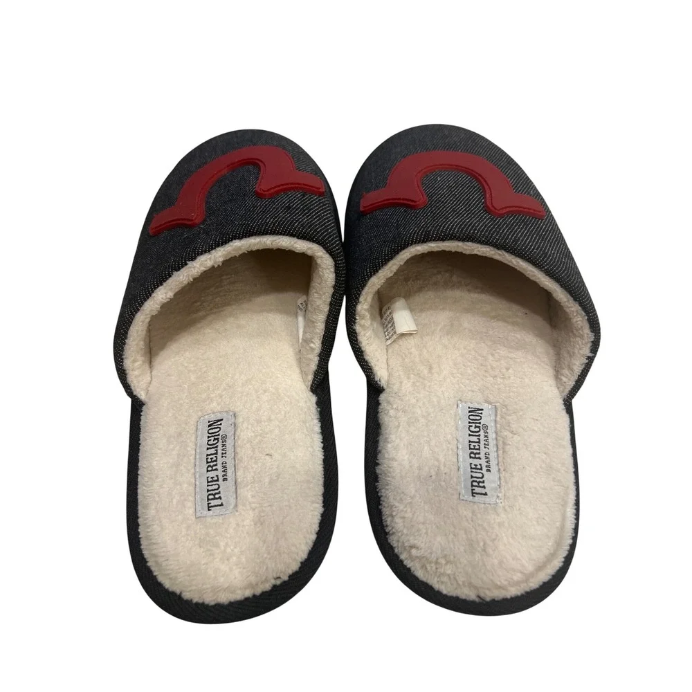True Religion Mens Denim Slippers Red Horseshoe‎ Logo Faux Fur Lining Size S 7-8